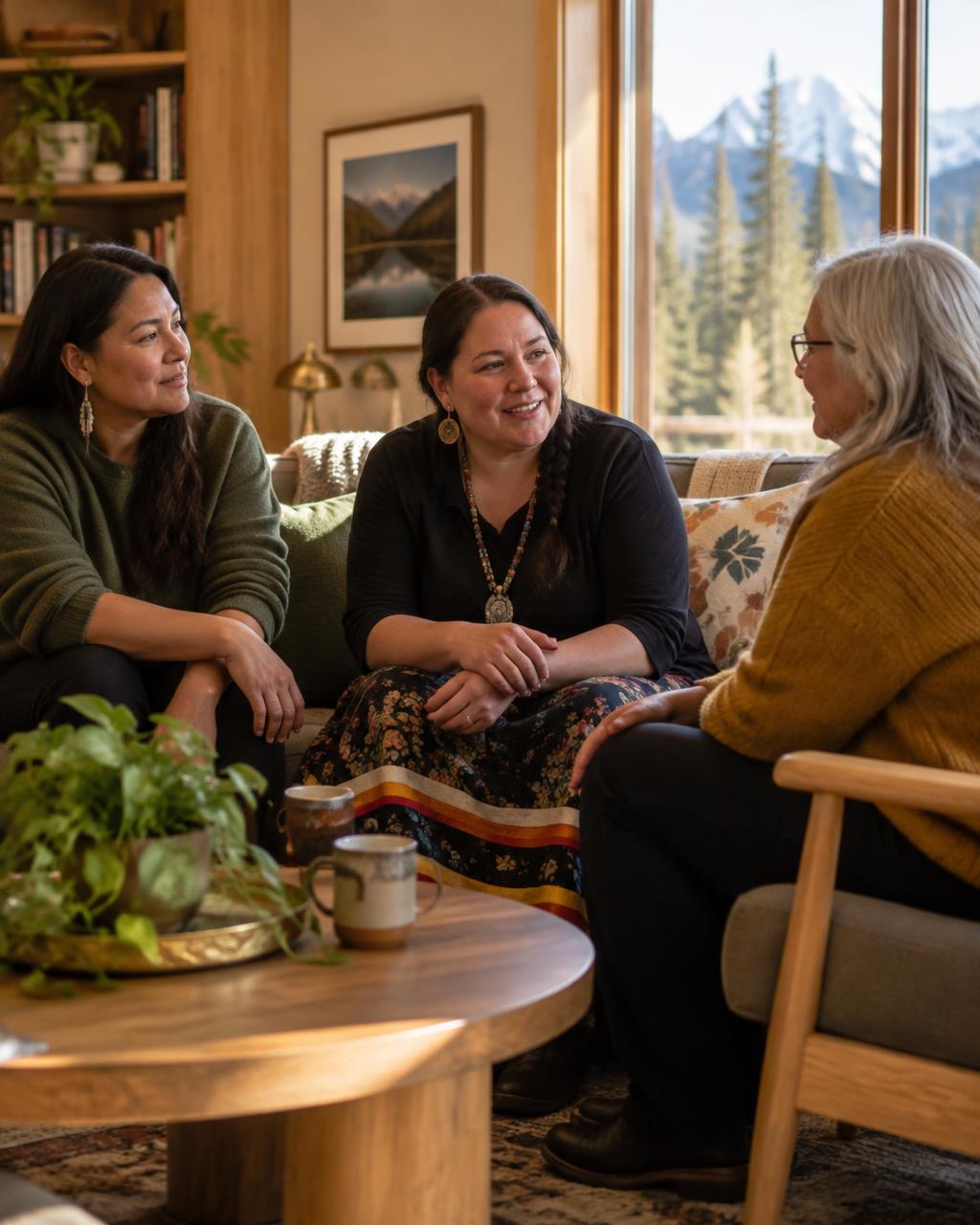 Women sharing their stories in a welcoming setting