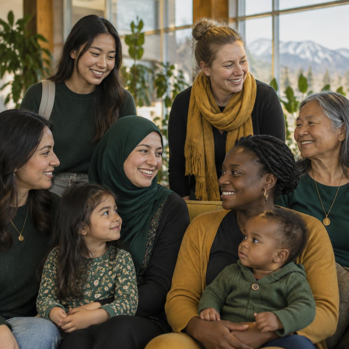 A diverse group of women, youths and children gathered in a welcoming space